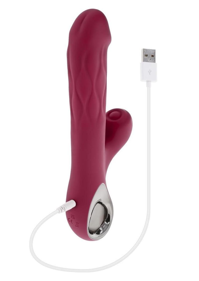 Bursting with Pleasure Rechargeable Silicone Inflatable Dual Rabbit Vibrator - Red