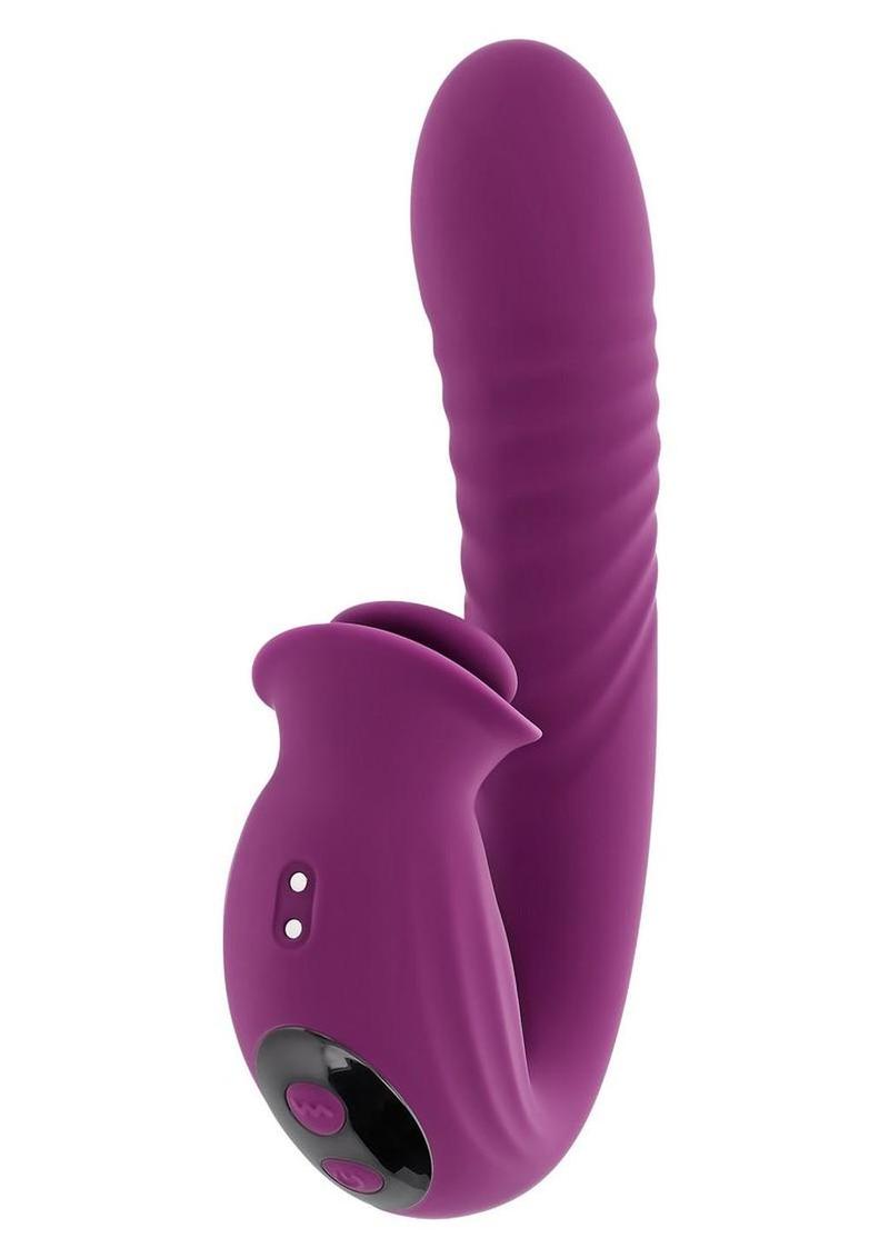 Deep Ecstasy Rechargeable Silicone Ribbed Thrusting Rabbit Vibrator with Clitoral Stimulator - Purple