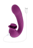 Deep Ecstasy Rechargeable Silicone Ribbed Thrusting Rabbit Vibrator with Clitoral Stimulator - Purple
