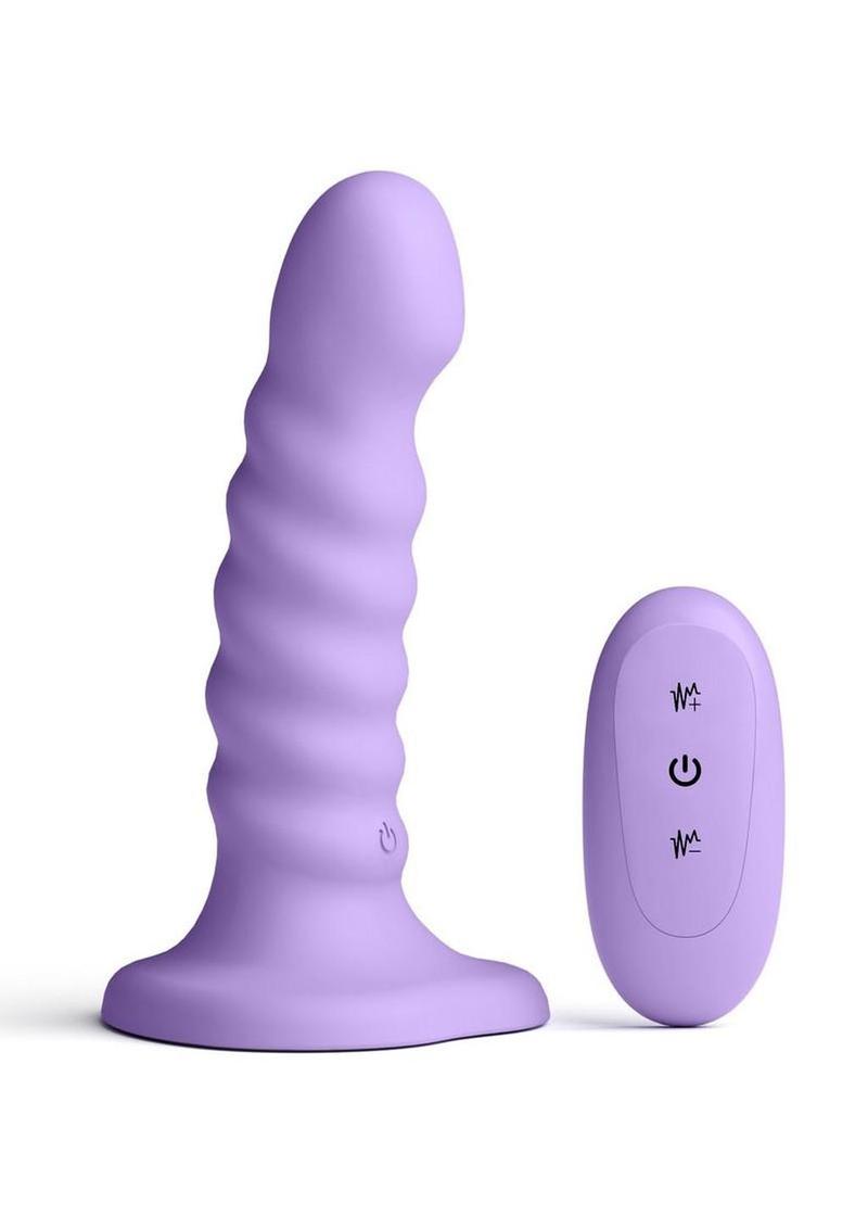 Colours Ribbed Rechargeable Silicone Vibrating Dildo with Remote Control 5in - Purple