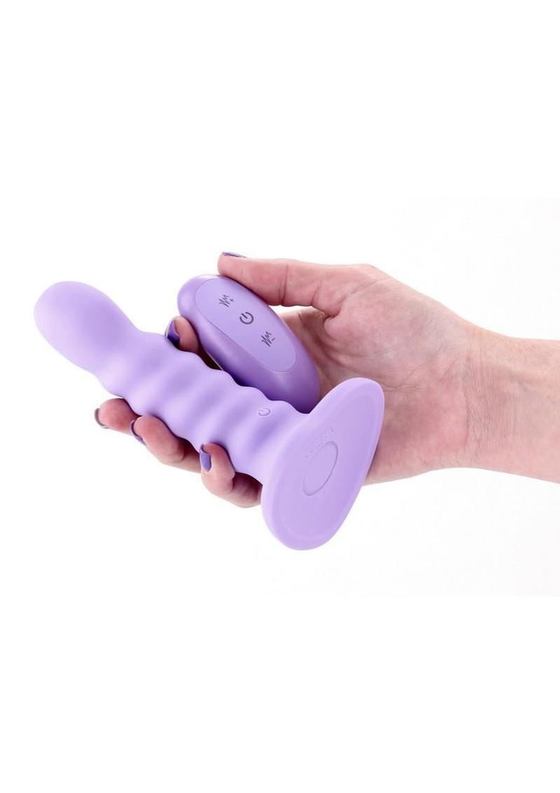 Colours Ribbed Rechargeable Silicone Vibrating Dildo with Remote Control 5in - Purple