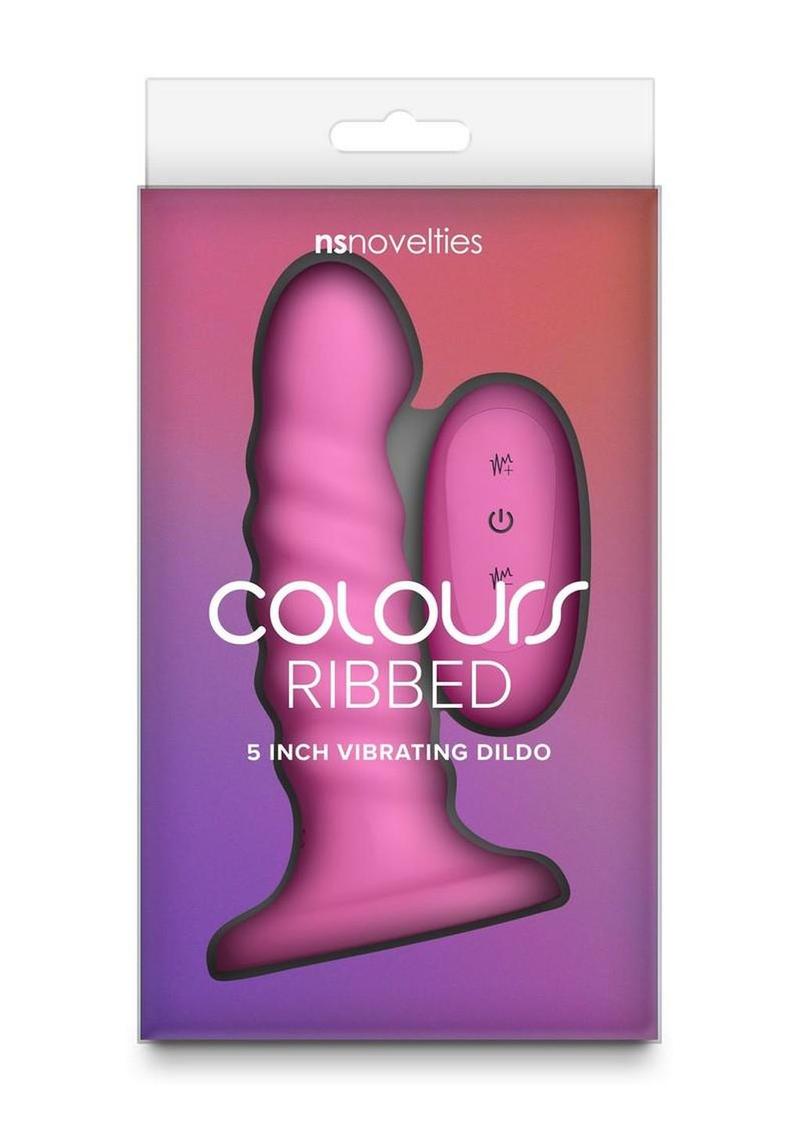 Colours Ribbed Rechargeable Silicone Vibrating Dildo with Remote Control 5in - Pink