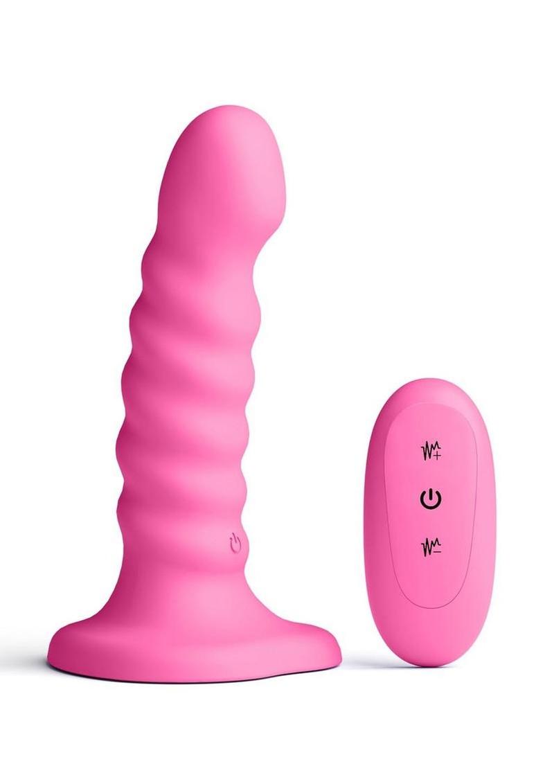 Colours Ribbed Rechargeable Silicone Vibrating Dildo with Remote Control 5in - Pink