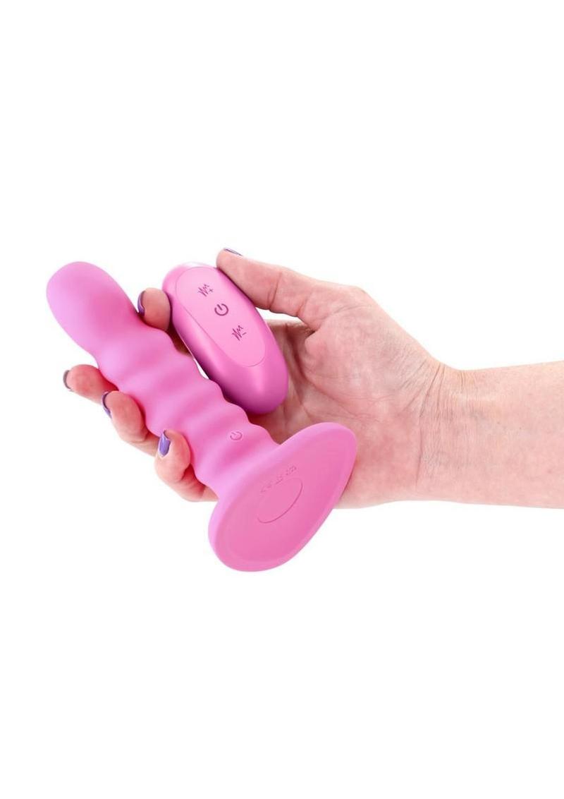 Colours Ribbed Rechargeable Silicone Vibrating Dildo with Remote Control 5in - Pink