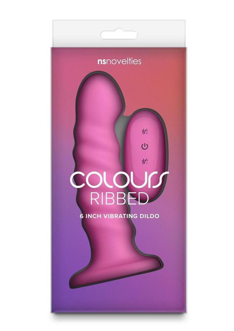 Colours Ribbed Rechargeable Silicone Vibrating Dildo with Remote Control 6in - Pink