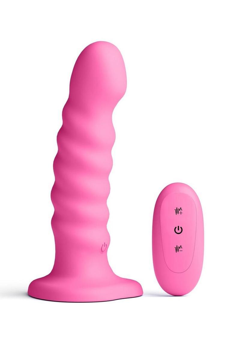 Colours Ribbed Rechargeable Silicone Vibrating Dildo with Remote Control 6in - Pink
