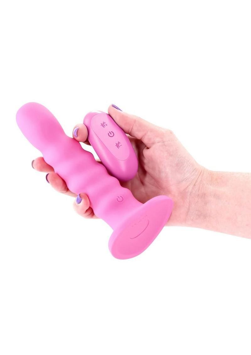 Colours Ribbed Rechargeable Silicone Vibrating Dildo with Remote Control 6in - Pink