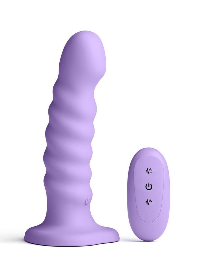 Colours Ribbed Rechargeable Silicone Vibrating Dildo with Remote Control 6in - Purple