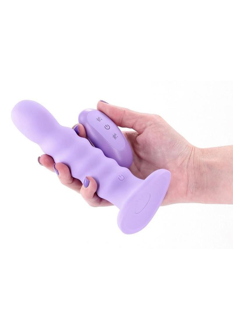 Colours Ribbed Rechargeable Silicone Vibrating Dildo with Remote Control 6in - Purple