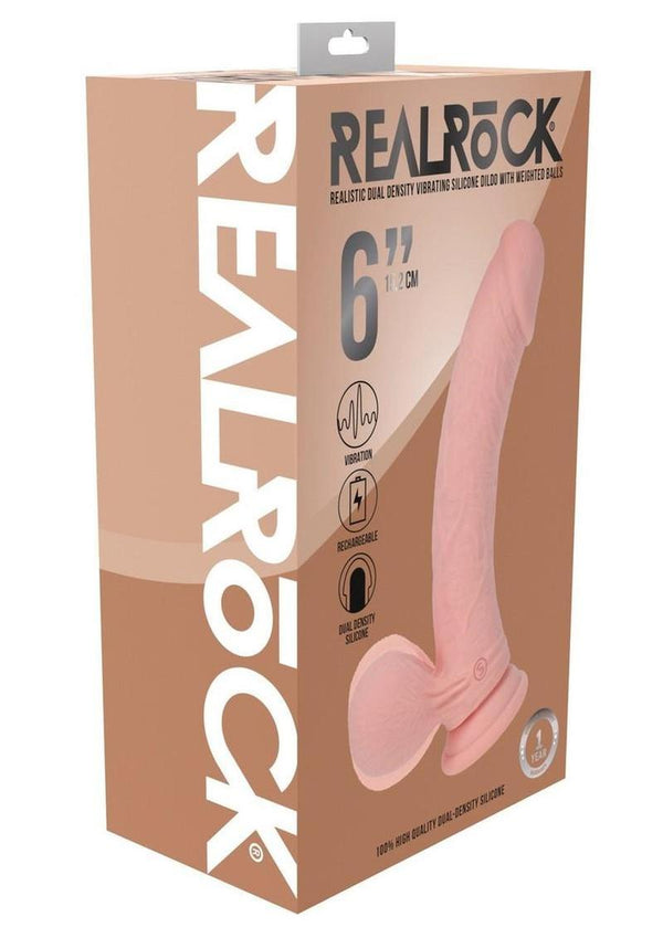 RealRock Rechargeable Silicone Dual Layered Vibrating Curved Dildo with Weighted Balls 6in - Vanilla