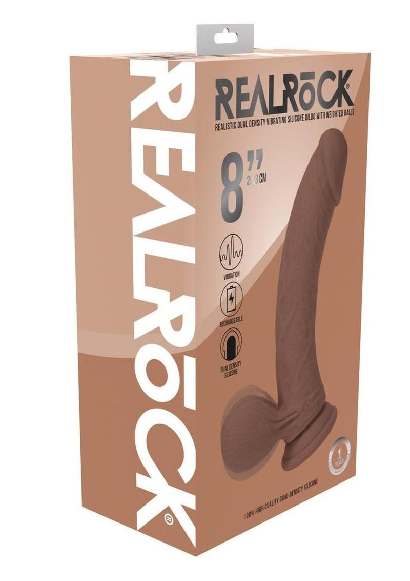 RealRock Rechargeable Silicone Dual Layered Vibrating Curved Dildo with Weighted Balls 8in - Caramel