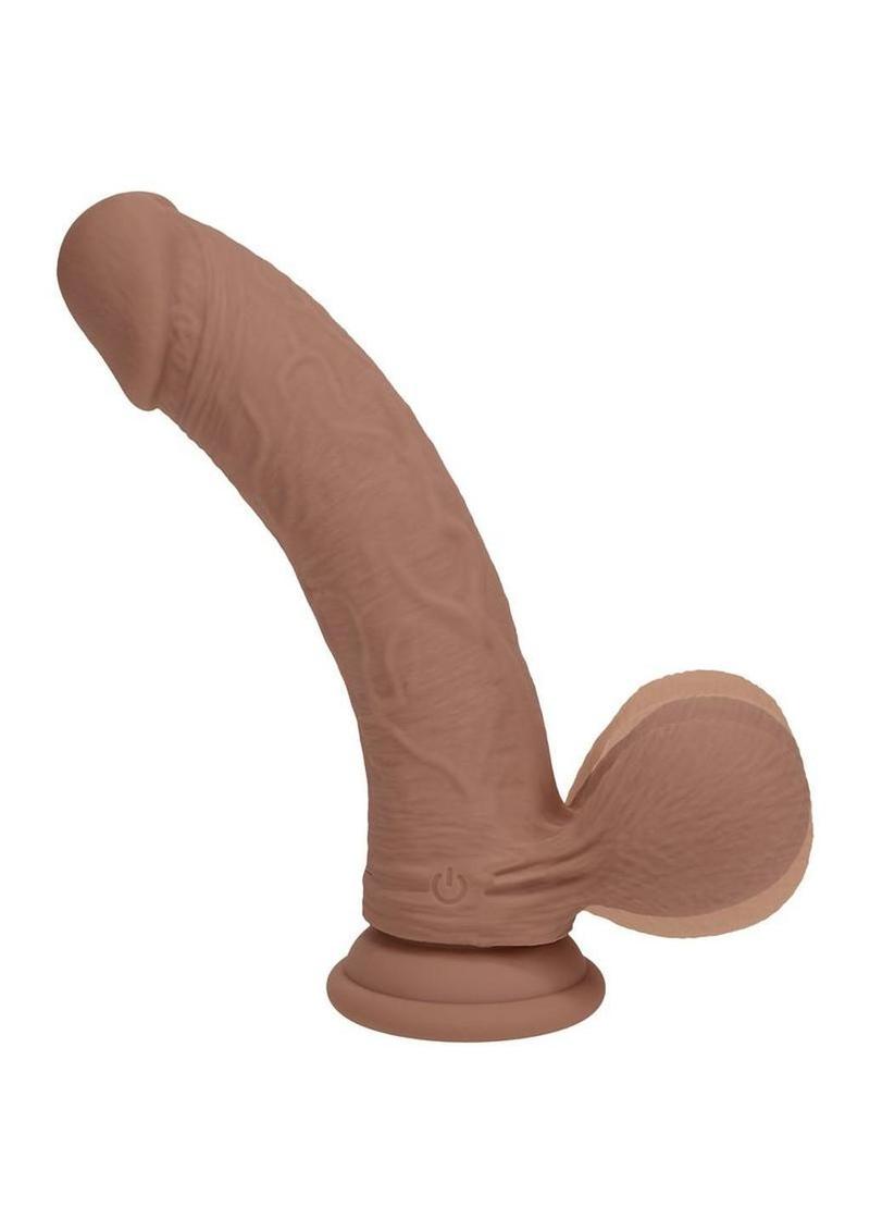 RealRock Rechargeable Silicone Dual Layered Vibrating Curved Dildo with Weighted Balls 8in - Caramel