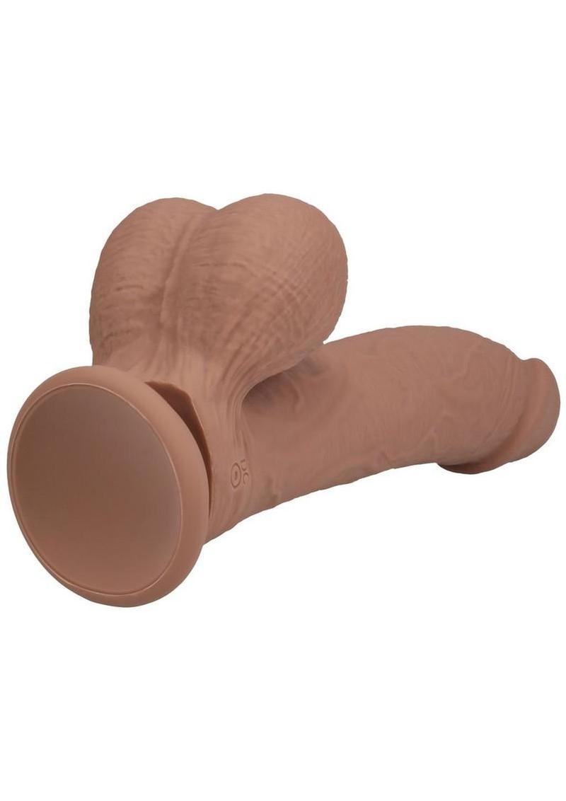 RealRock Rechargeable Silicone Dual Layered Vibrating Curved Dildo with Weighted Balls 8in - Caramel