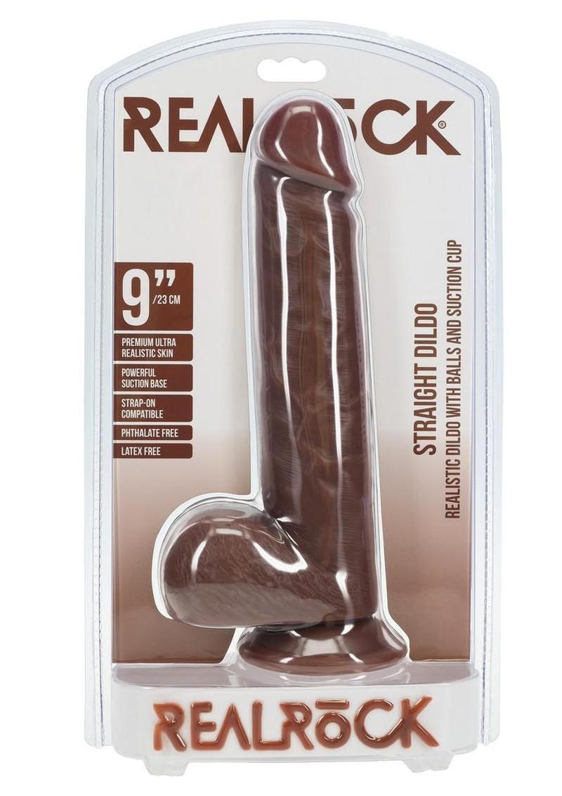 RealRock Realistic Skin Straight Realistic Dildo with Balls and Suction Cup 9in - Chocolate