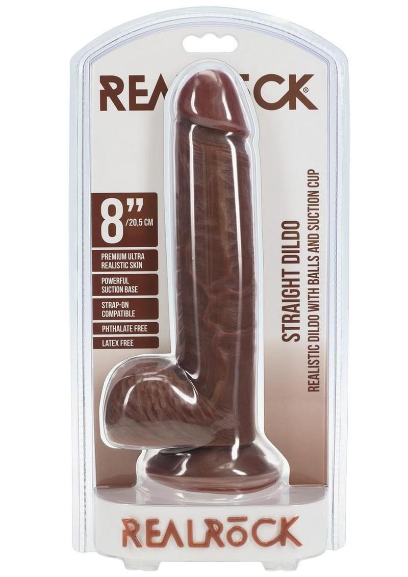 RealRock Realistic Skin Straight Realistic Dildo with Balls and Suction Cup 8in - Chocolate