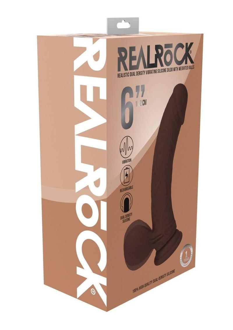 RealRock Rechargeable Silicone Dual Layered Vibrating Curved Dildo with Weighted Balls 6in - Chocolate