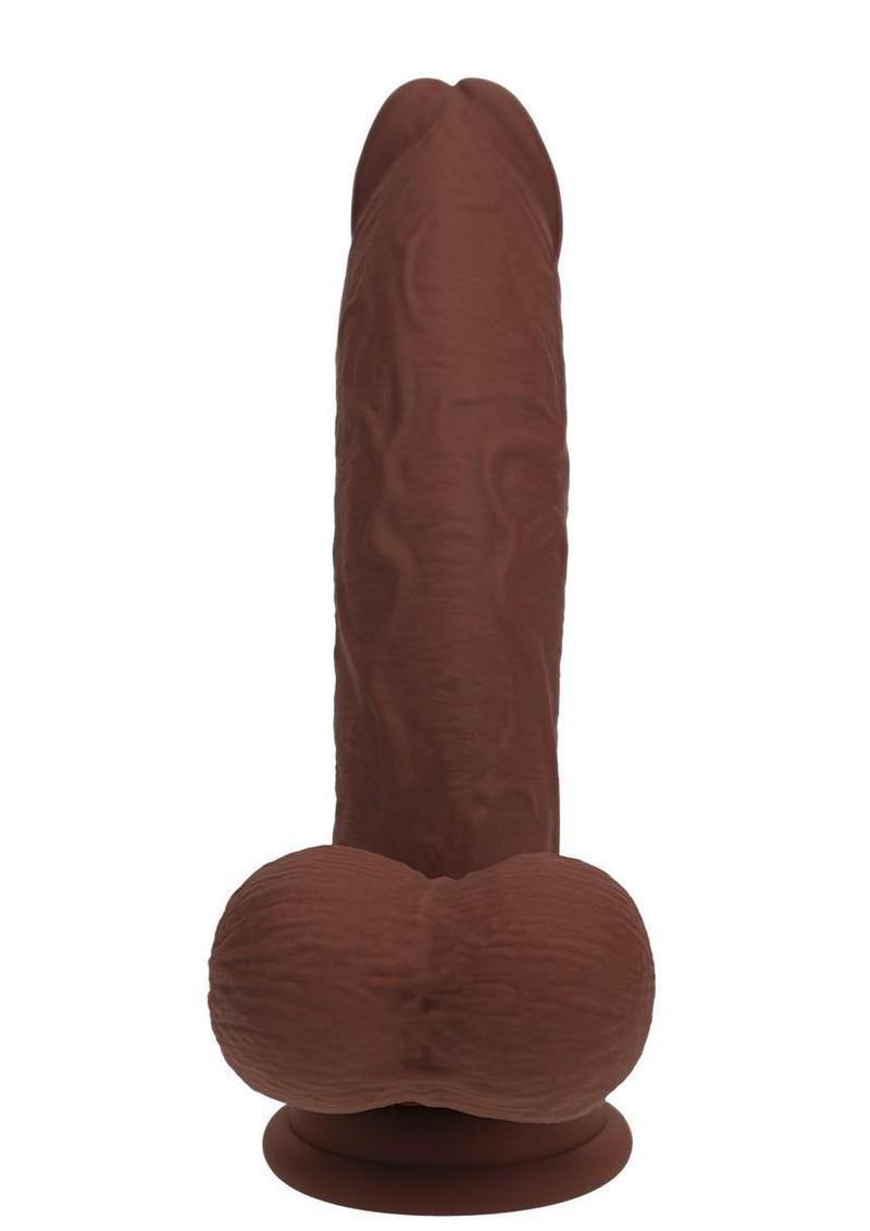 RealRock Rechargeable Silicone Dual Layered Vibrating Curved Dildo with Weighted Balls 6in - Chocolate