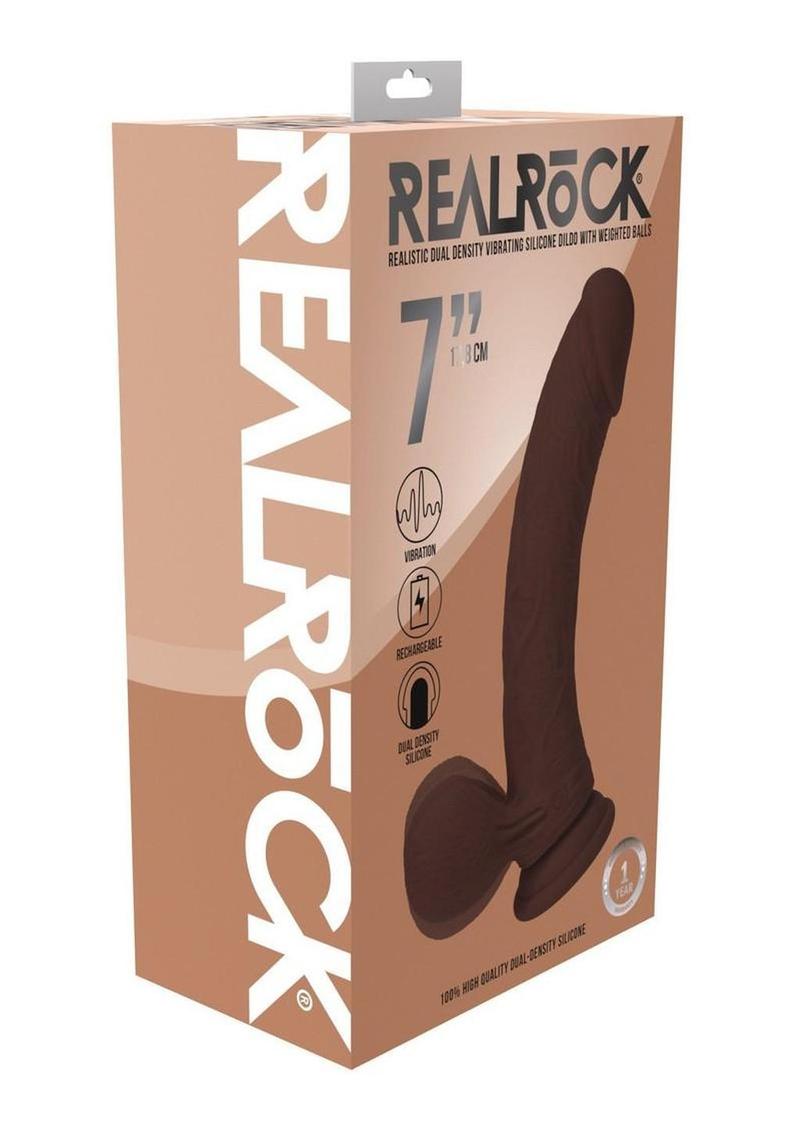 RealRock Rechargeable Silicone Dual Layered Vibrating Curved Dildo with Weighted Balls 7in - Chocolate