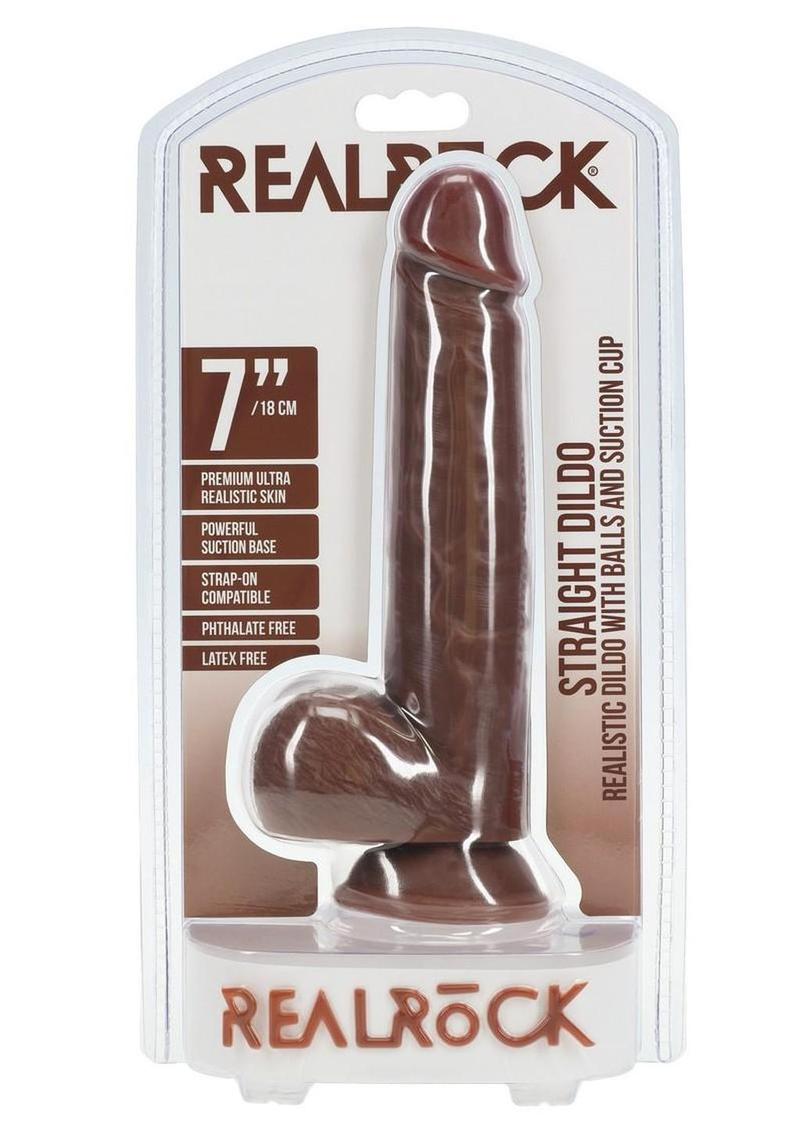 RealRock Realistic Skin Straight Realistic Dildo with Balls and Suction Cup 7in - Chocolate