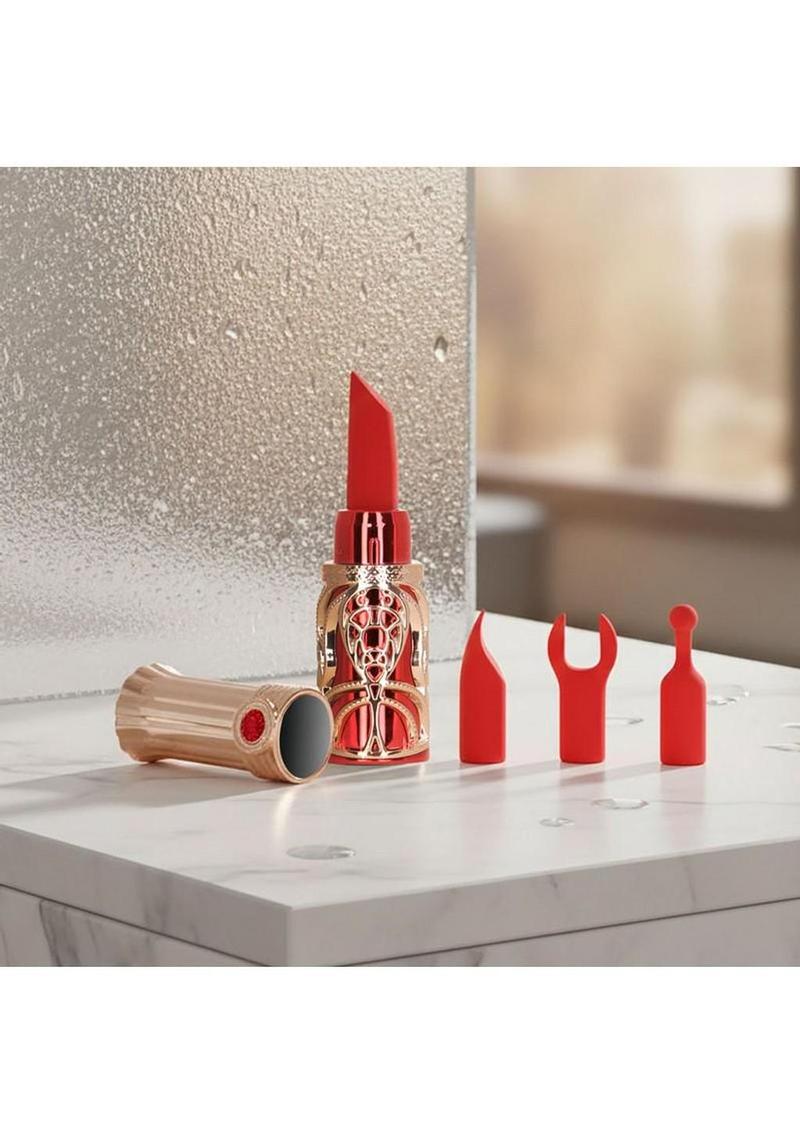 BMS Factory Ruby Kiss Lipstick Rechargeable Silicone Clitoral Stimulator Set - Red/Rose Gold