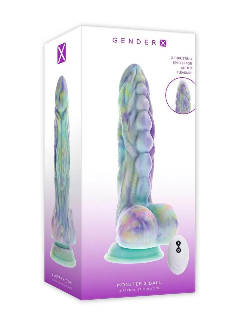 Gender X Monster's Ball Rechargeable Silicone Thrusting Vibrating Dildo with Remote Control - Multicolor
