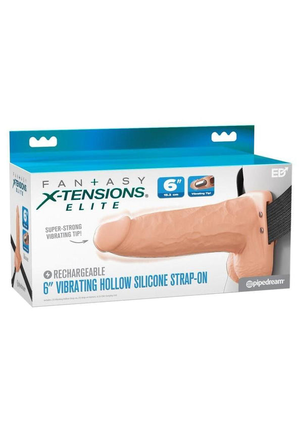Fantasy X-Tensions Elite Vibrating Rechargeable Silicone Dual Density Hollow Strap-On 6in - Vanilla