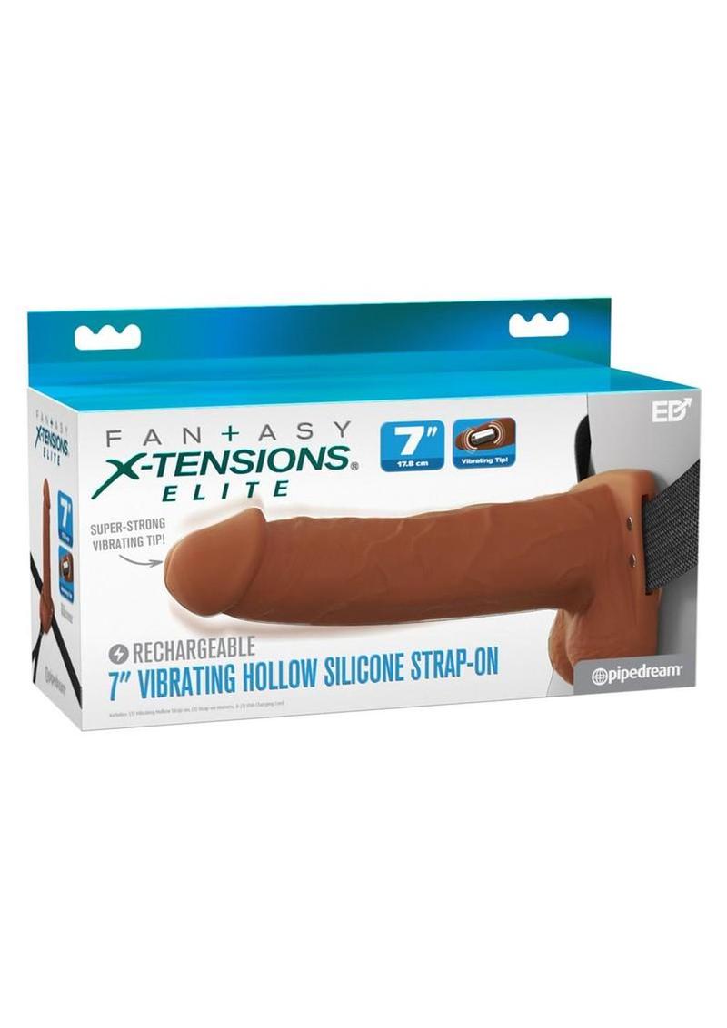 Fantasy X-Tensions Elite Vibrating Rechargeable Silicone Dual Density Hollow Strap-On 7in - Caramel