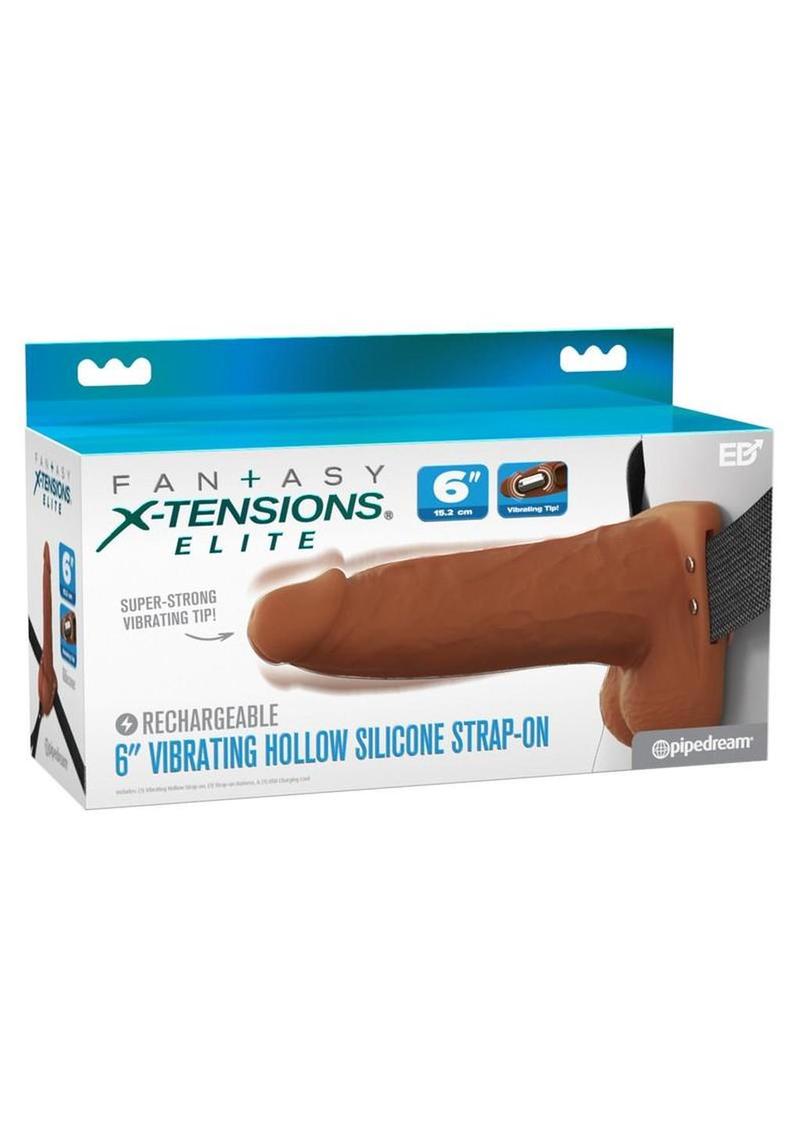 Fantasy X-Tensions Elite Vibrating Rechargeable Silicone Dual Density Hollow Strap-On 6in - Caramel