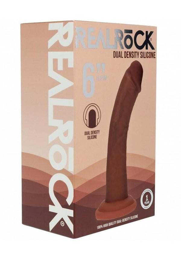 RealRock Dual Layered Silicone Curved Realistic Dildo with Suction Cup 6in - Chocolate