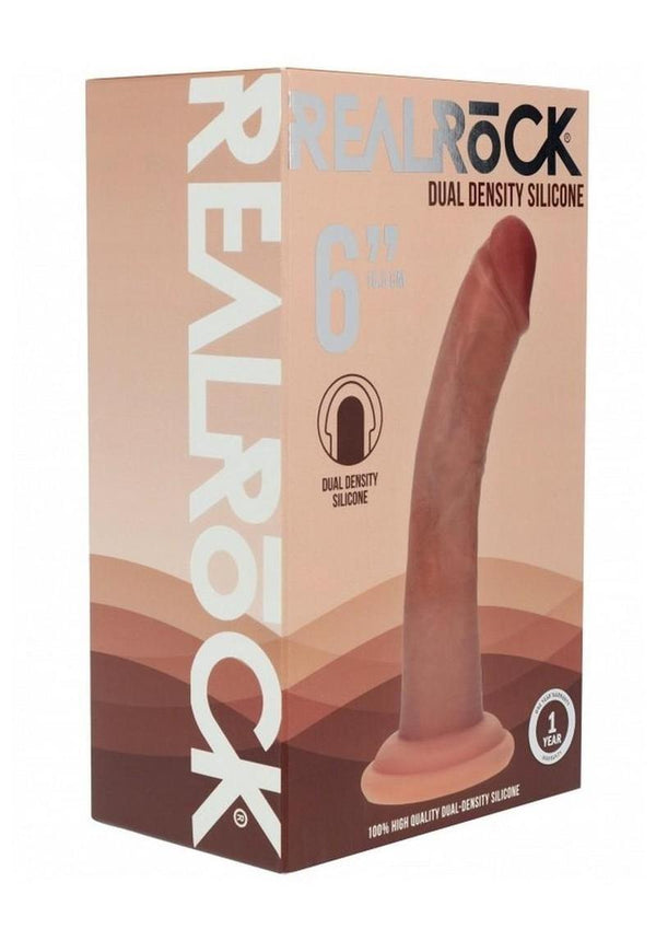 RealRock Dual Layered Silicone Curved Realistic Dildo with Suction Cup 6in - Caramel