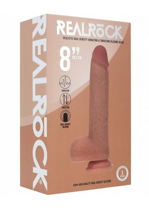 RealRock Dual Layered Silicone Realistic Vibrating Thrusting Dildo with Balls and Suction Cup 8in - Caramel