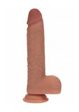 RealRock Dual Layered Silicone Realistic Vibrating Thrusting Dildo with Balls and Suction Cup 8in - Caramel