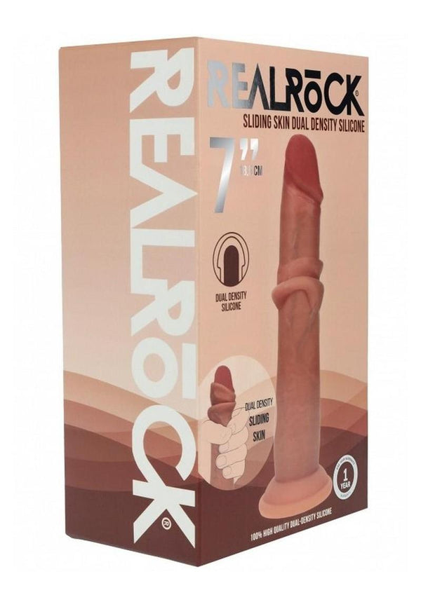 RealRock Dual Layered Silicone Realistic Sliding Skin Dildo 7in - Caramel