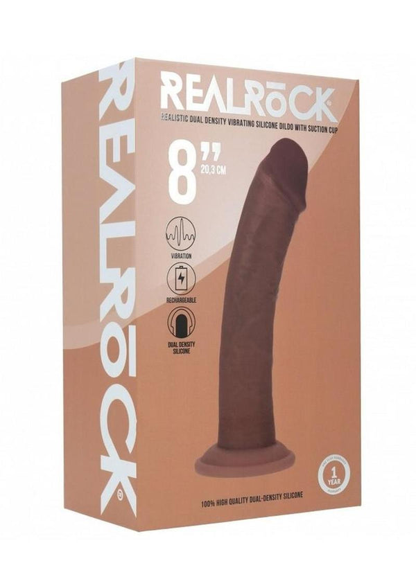 Realrock Dual Layered Rechargeable Silicone Curved Realistic Vibrating Dildo with Suction Cup 8in - Chocolate