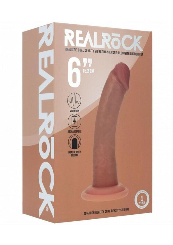 Realrock Dual Layered Rechargeable Silicone Curved Realistic Vibrating Dildo with Suction Cup 6in - Caramel