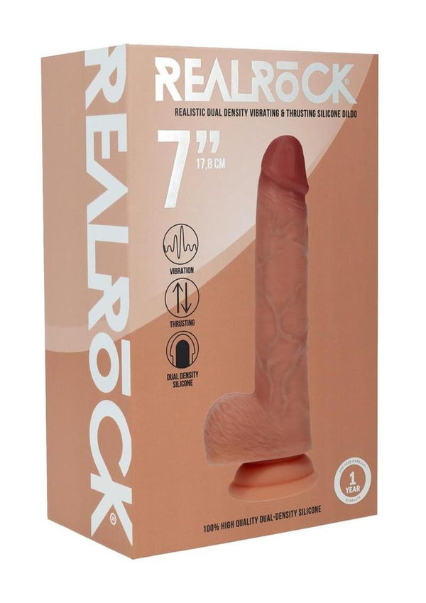 RealRock Dual Layered Silicone Realistic Vibrating Thrusting Dildo with Balls and Suction Cup 7in - Caramel
