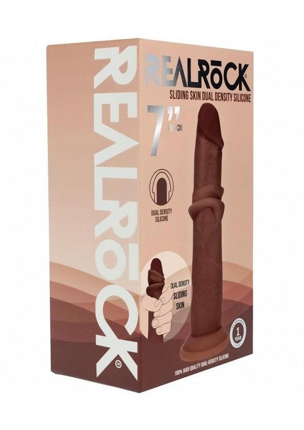 RealRock Dual Layered Silicone Realistic Sliding Skin Dildo 7in - Chocolate