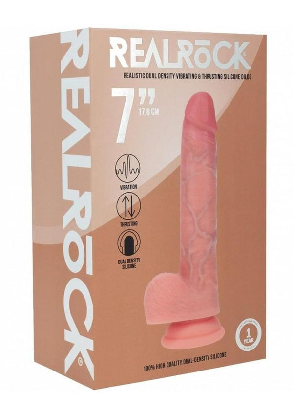 RealRock Dual Layered Silicone Realistic Vibrating Thrusting Dildo with Balls and Suction Cup 7in - Vanilla
