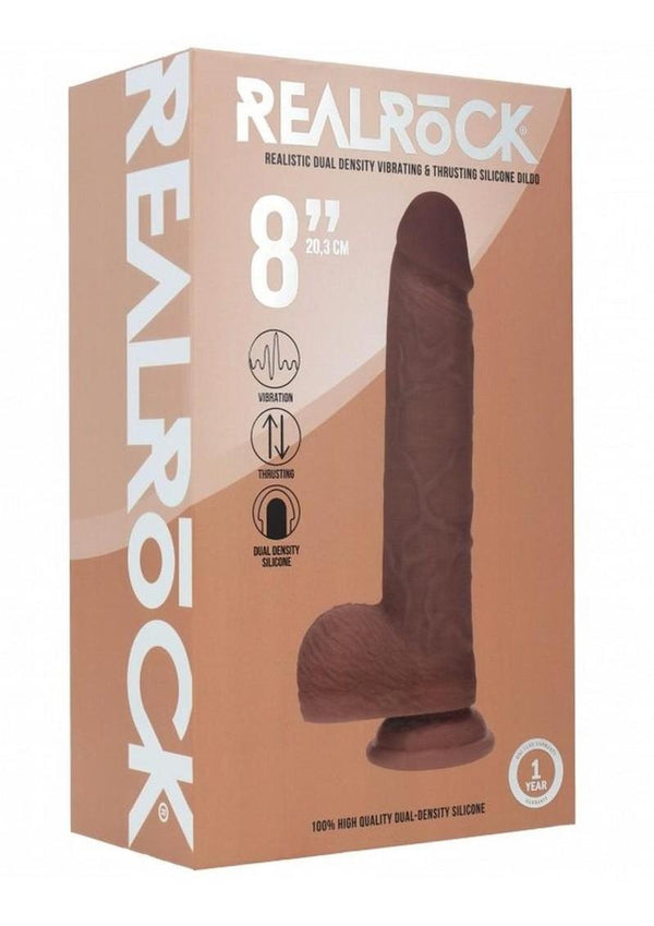 RealRock Dual Layered Silicone Realistic Vibrating Thrusting Dildo with Balls and Suction Cup 8in - Chocolate