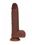 RealRock Dual Layered Silicone Realistic Vibrating Thrusting Dildo with Balls and Suction Cup 8in - Chocolate