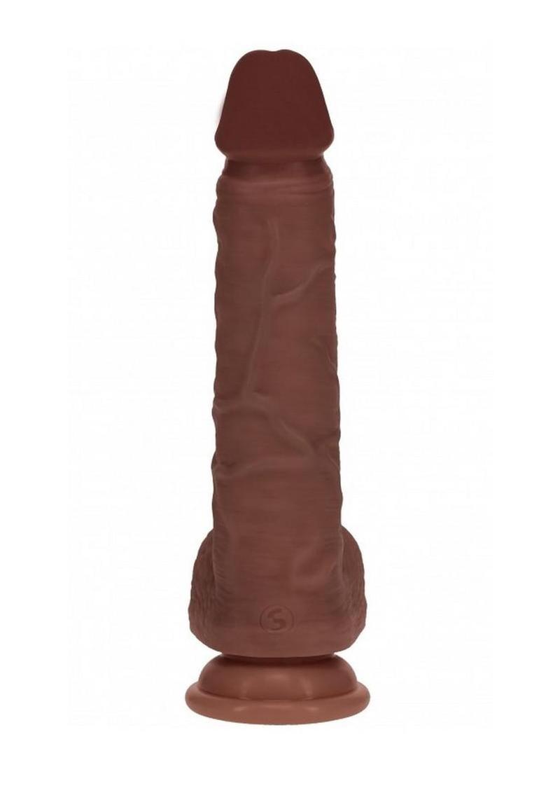 RealRock Dual Layered Silicone Realistic Vibrating Thrusting Dildo with Balls and Suction Cup 8in - Chocolate