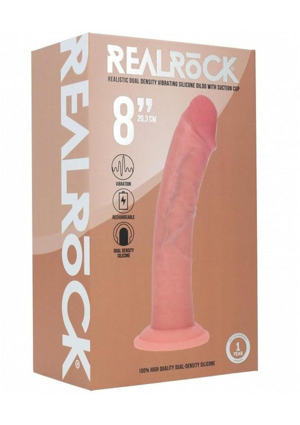 Realrock Dual Layered Rechargeable Silicone Curved Realistic Vibrating Dildo with Suction Cup 8in - Vanilla