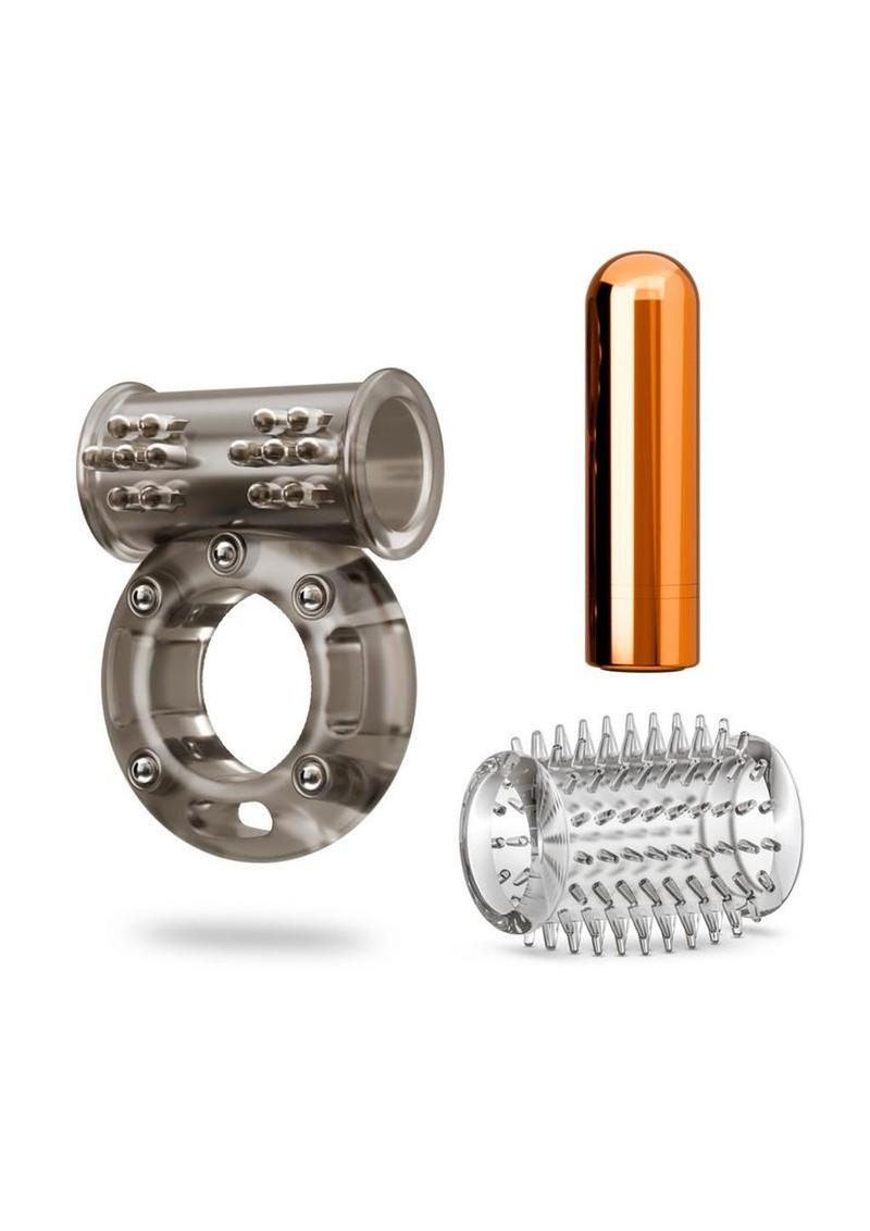 Stay Hard Vibrating Rechargeable Clitoral Stimulating Cock Ring Set with Spiked Sleeve - Multicolor