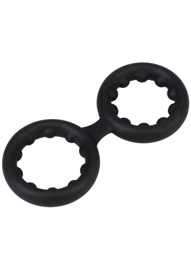 Rock Solid Silicone Double Stamina Cock Ring with Metal Beads - Black