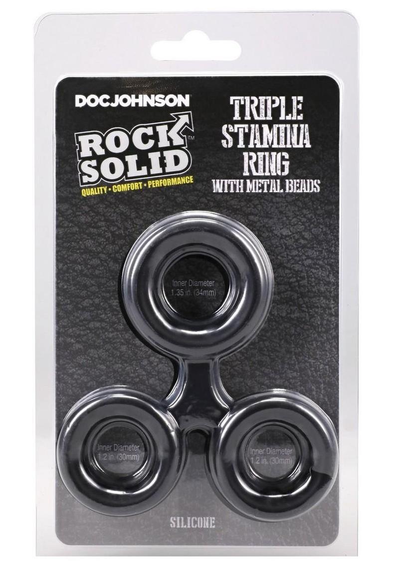 Rock Solid Silicone Triple Stamina Cock Ring with Metal Beads - Black