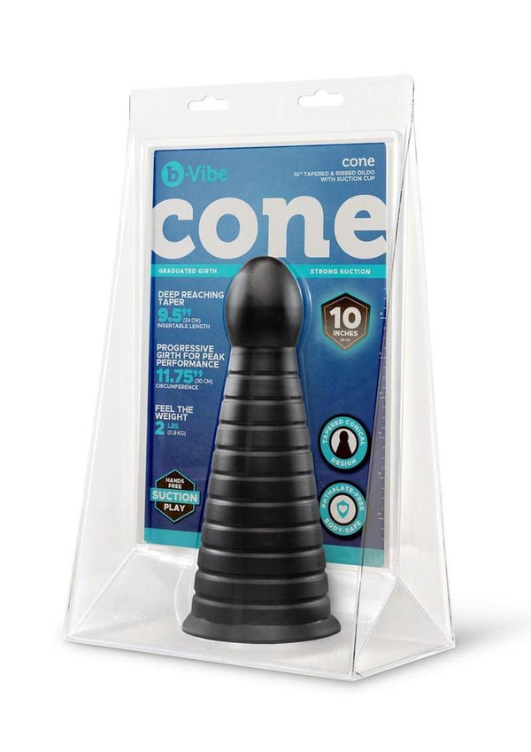 B-Vibe Cone Tapered & Ribbed Dildo with Suction Cup - 10in - Black
