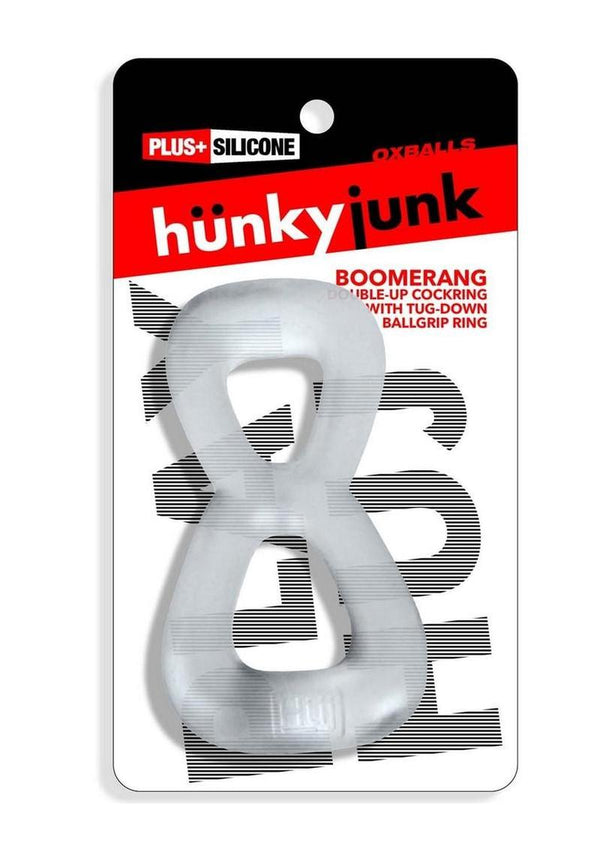 Hunkyjunk Boomerang Silicone Double-Ring Cockring & Nut-Tugger - Clear Steam