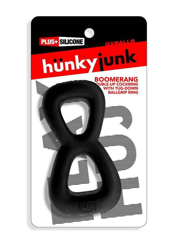 Hunkyjunk Boomerang Silicone Double-Ring Cockring & Nut-Tugger - Black Fog