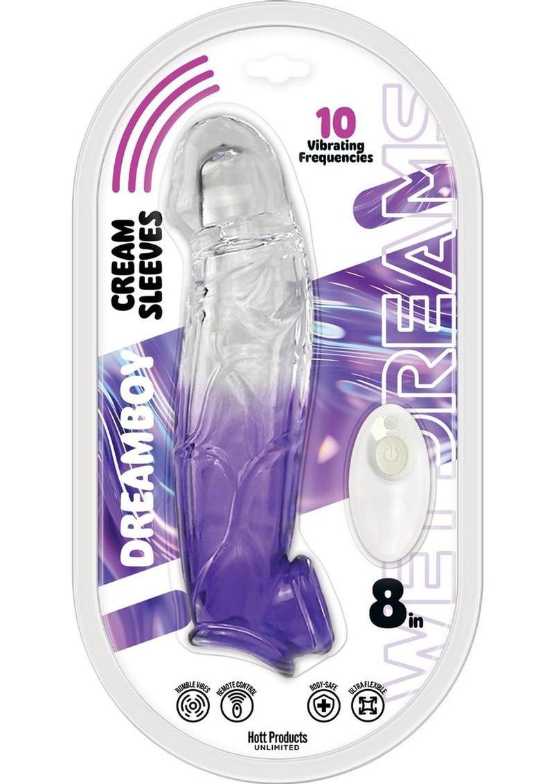 Wet Dreams Dreamboy Cream Sleeves Rechargeable Silicone Vibrating Penis Sleeve 8in - Purple/Clear