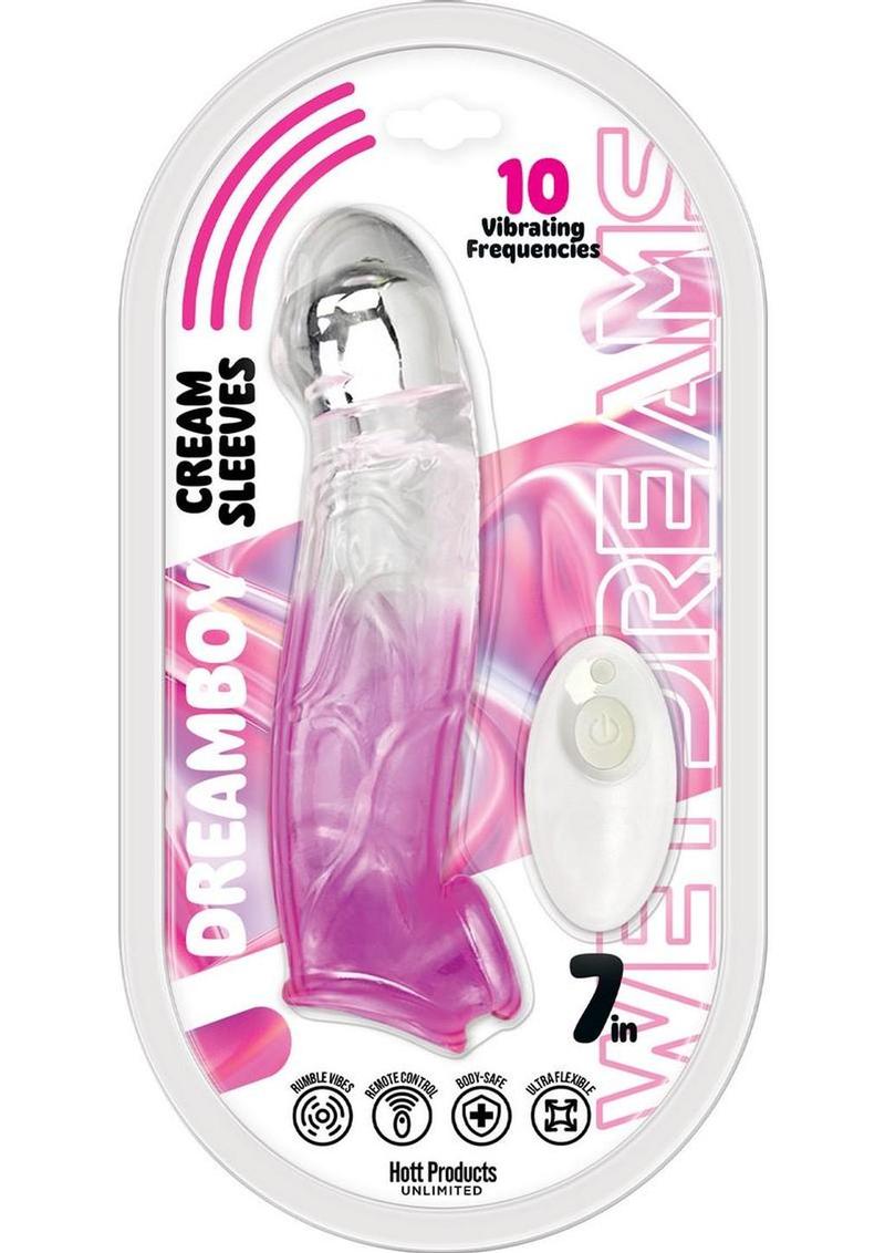 Wet Dreams Dreamboy Cream Sleeves Rechargeable Silicone Vibrating Penis Sleeve 7in - Magenta/Clear